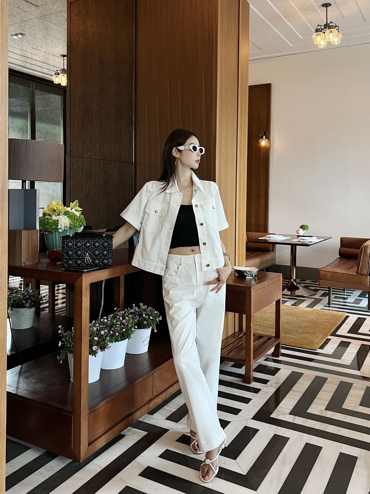 Denim webbing straight pants