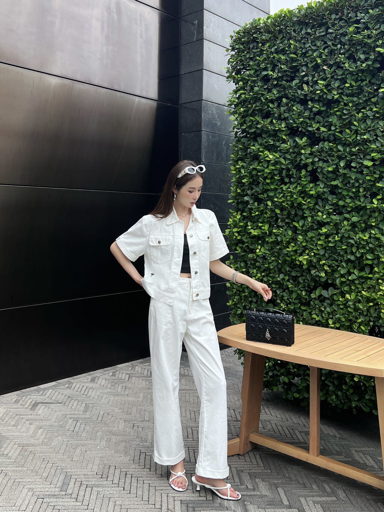 Denim webbing straight pants