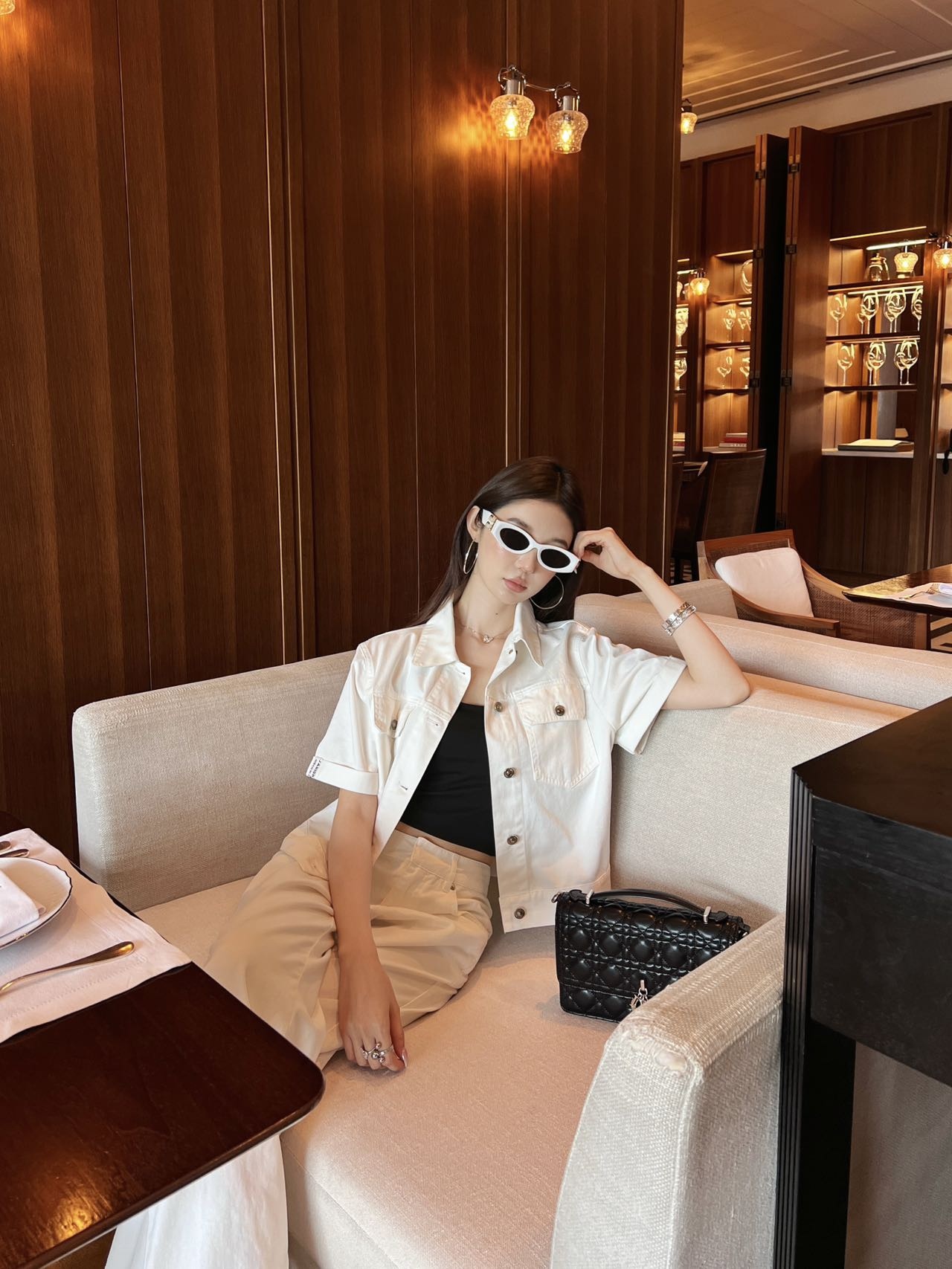 Denim webbing straight pants