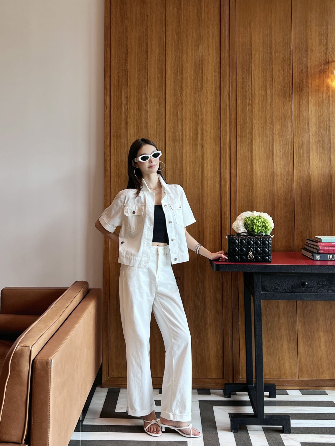 Denim webbing straight pants