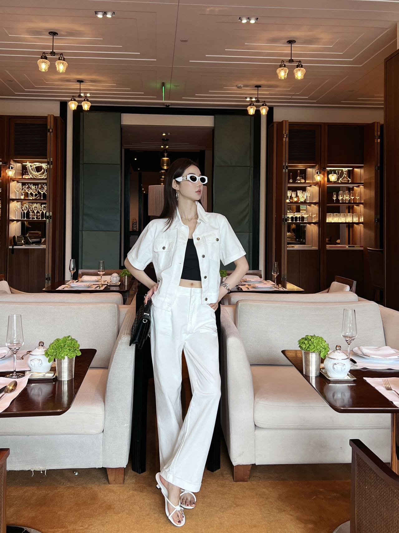 Denim webbing straight pants