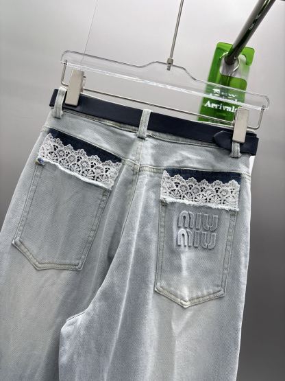 Back Pocket Embossed Lace Denim Pants