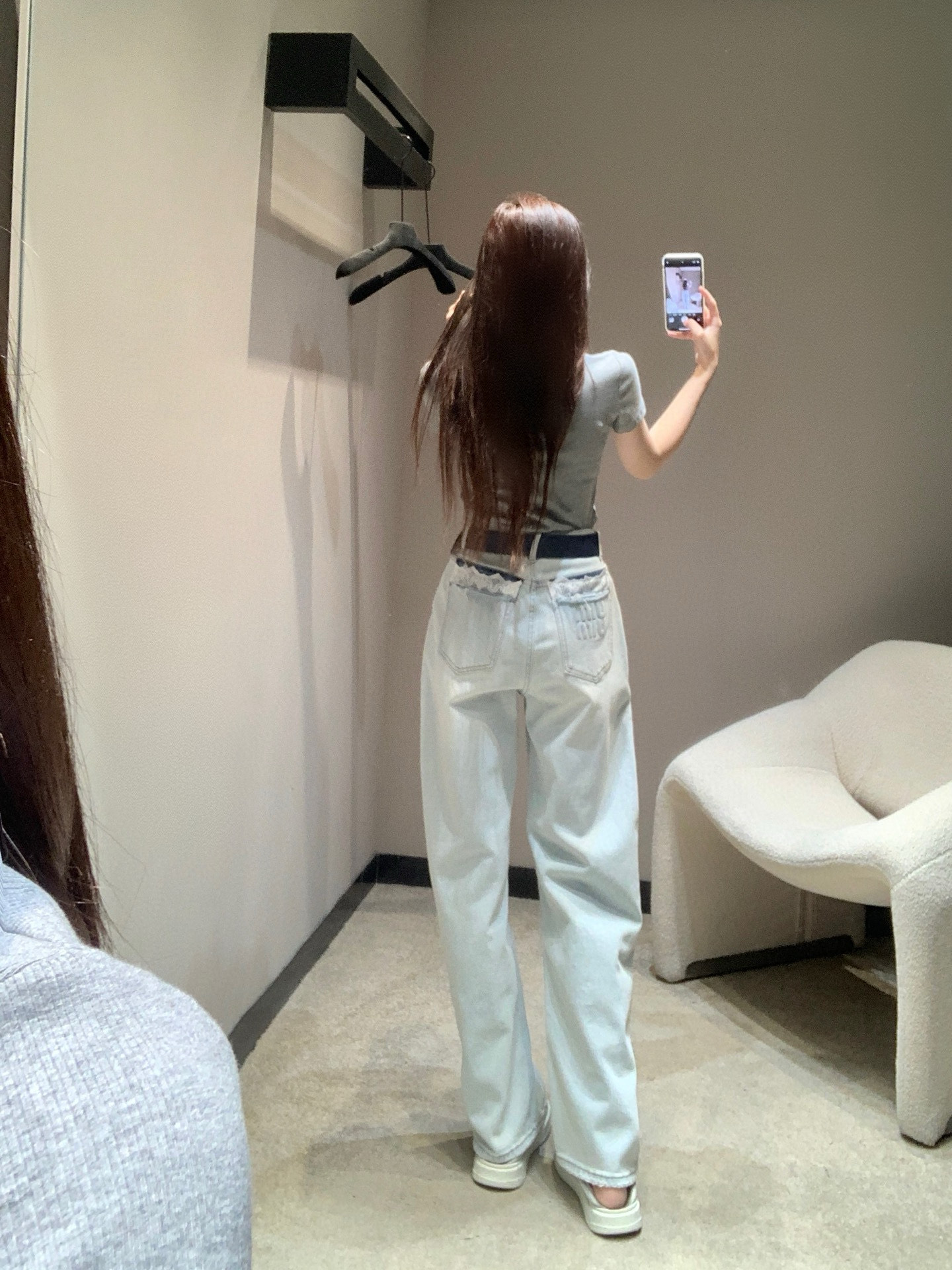 Back Pocket Embossed Lace Denim Pants