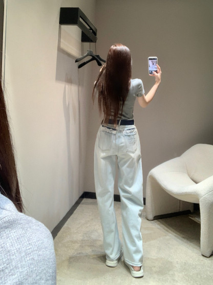 Back Pocket Embossed Lace Denim Pants