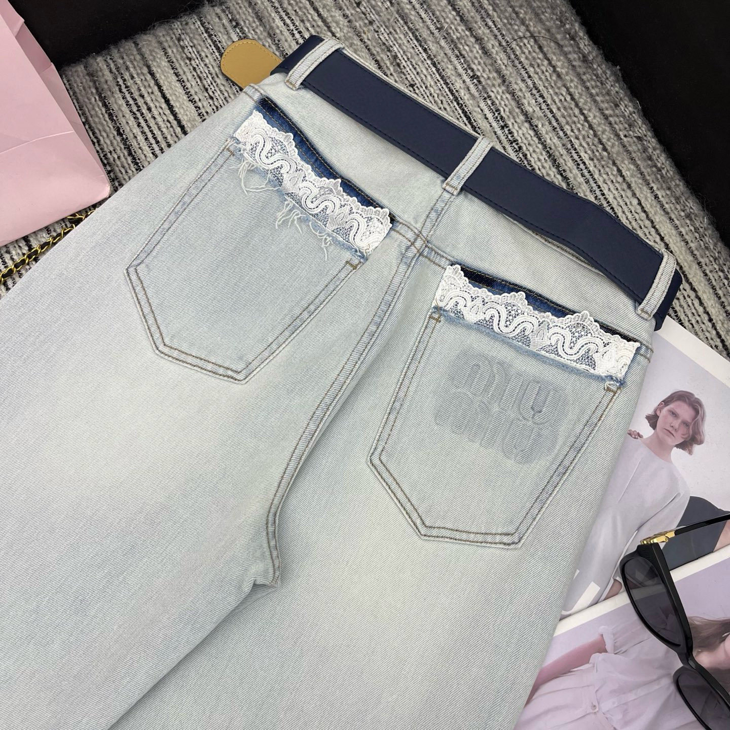 Back Pocket Embossed Lace Denim Pants