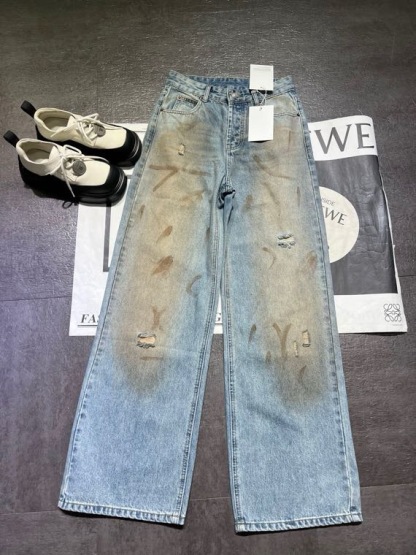 Slightly ripped, mud-dyed, distressed, washed, and dirty pants