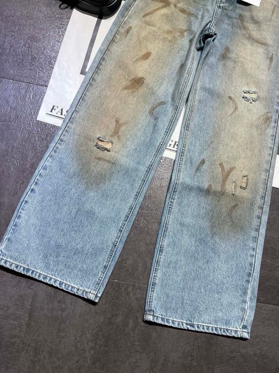 Slightly ripped, mud-dyed, distressed, washed, and dirty pants