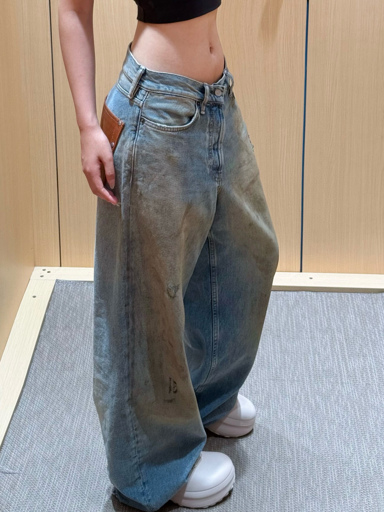 Slightly ripped, mud-dyed, distressed, washed, and dirty pants