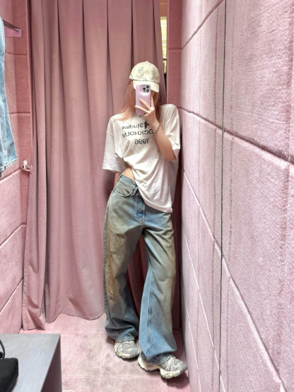 Slightly ripped, mud-dyed, distressed, washed, and dirty pants