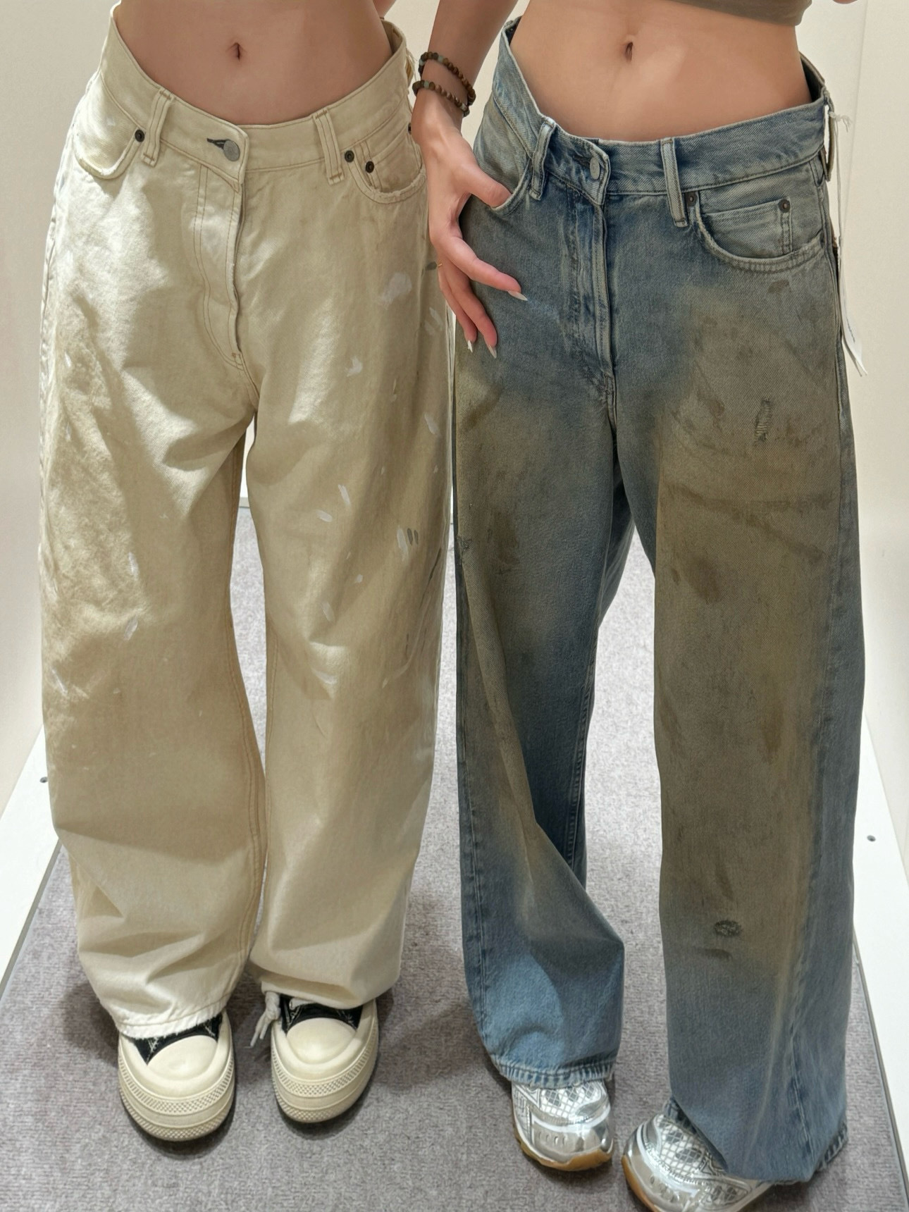 Slightly ripped, mud-dyed, distressed, washed, and dirty pants