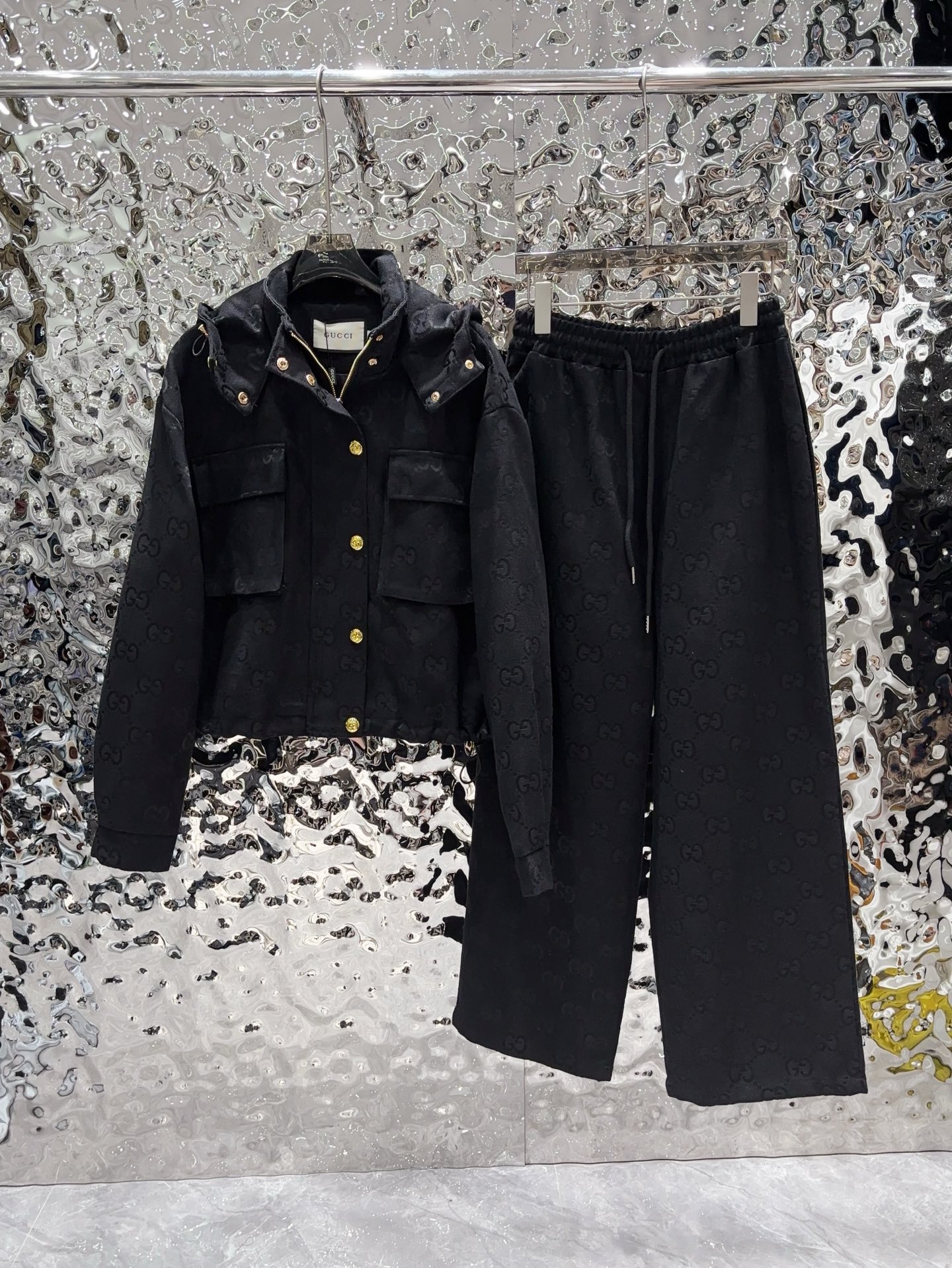 Hooded work jacket + jacquard trousers set