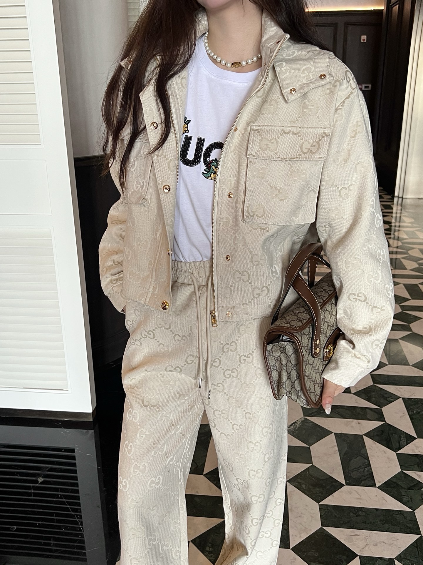 Hooded work jacket + jacquard trousers set
