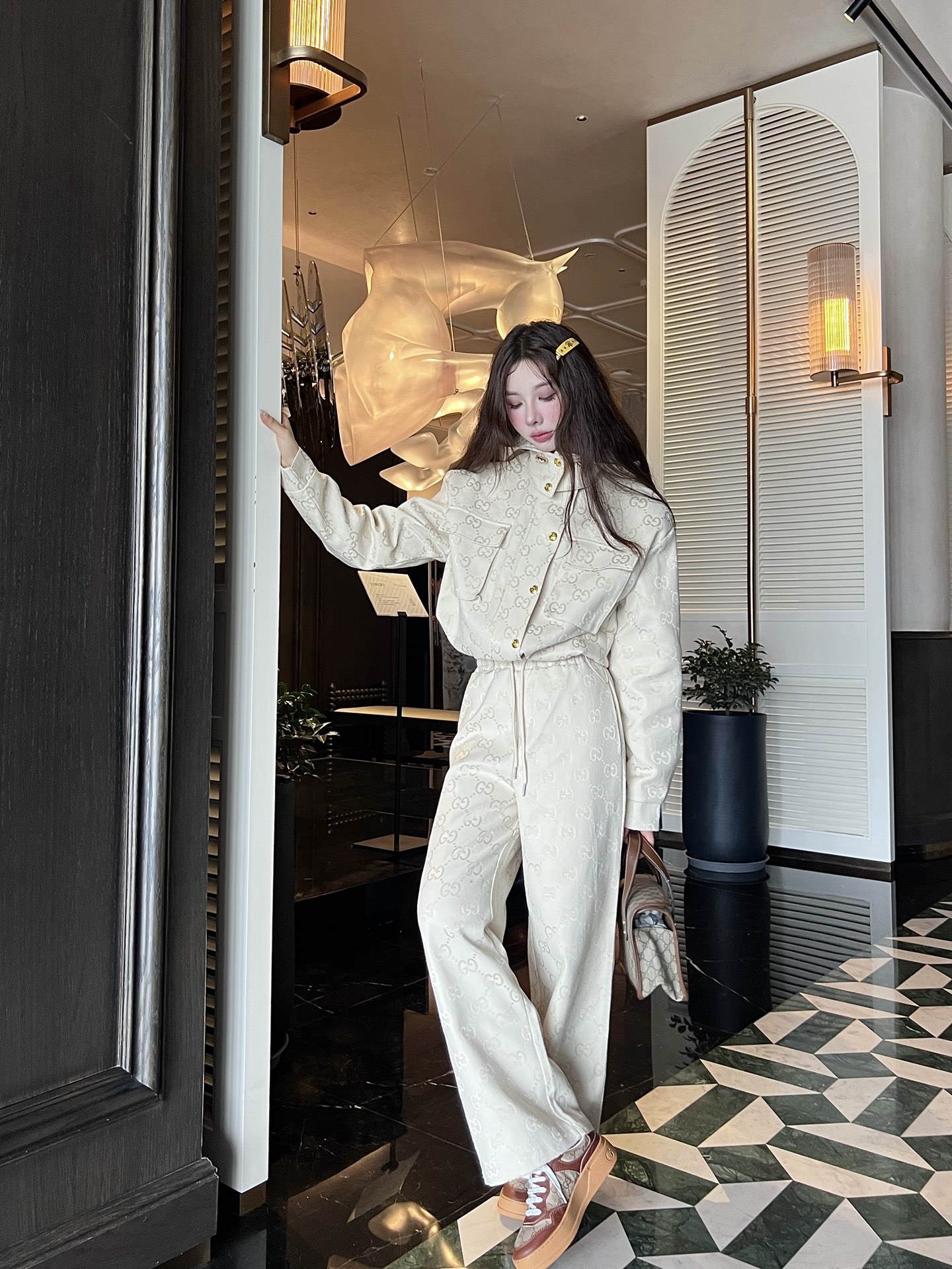 Hooded work jacket + jacquard trousers set