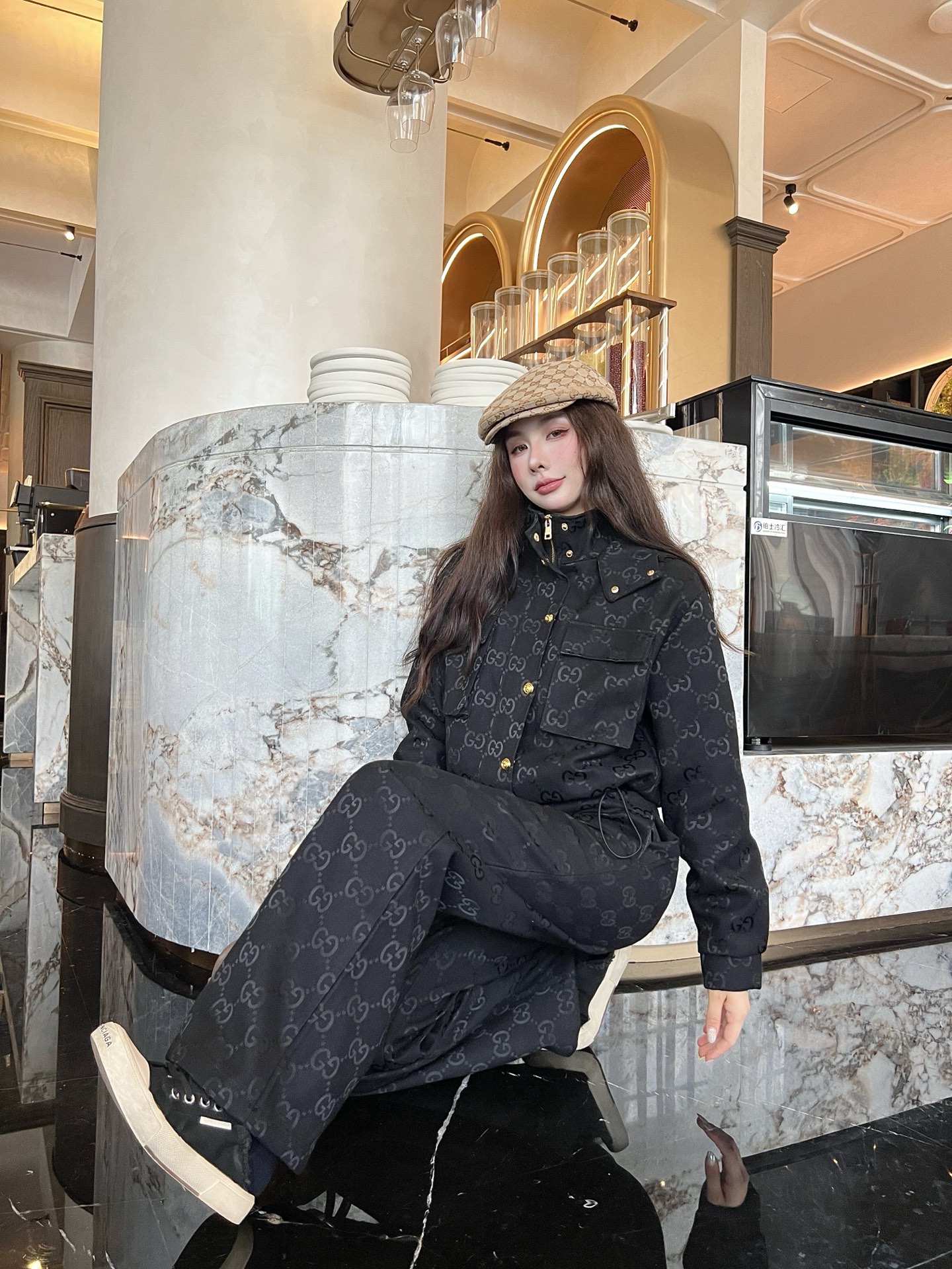 Hooded work jacket + jacquard trousers set