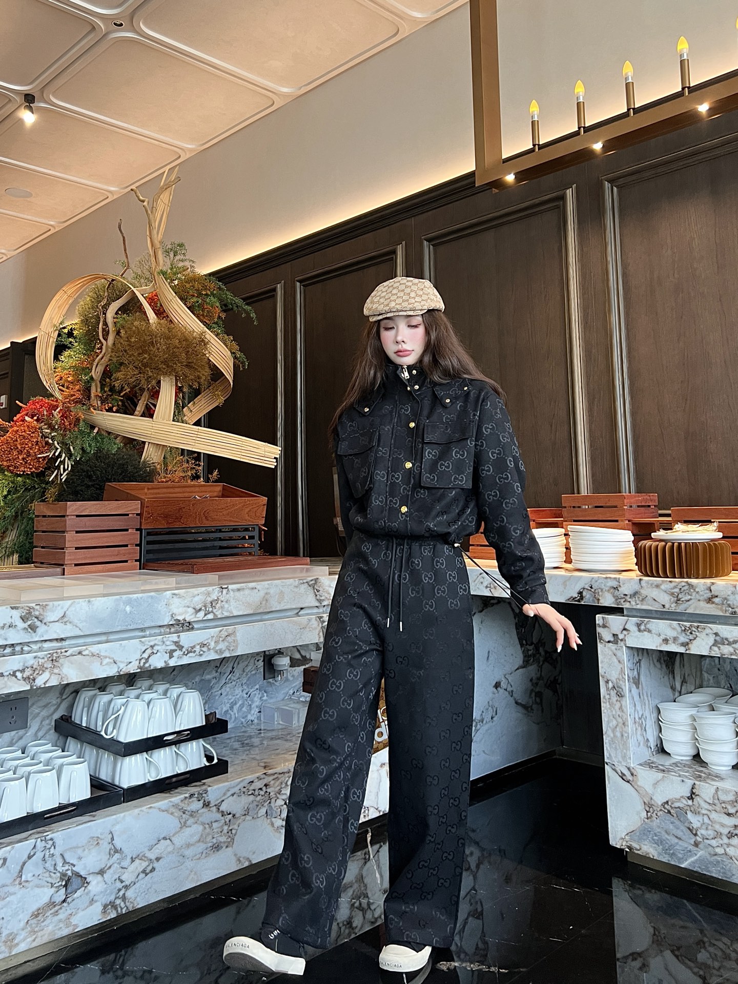 Hooded work jacket + jacquard trousers set