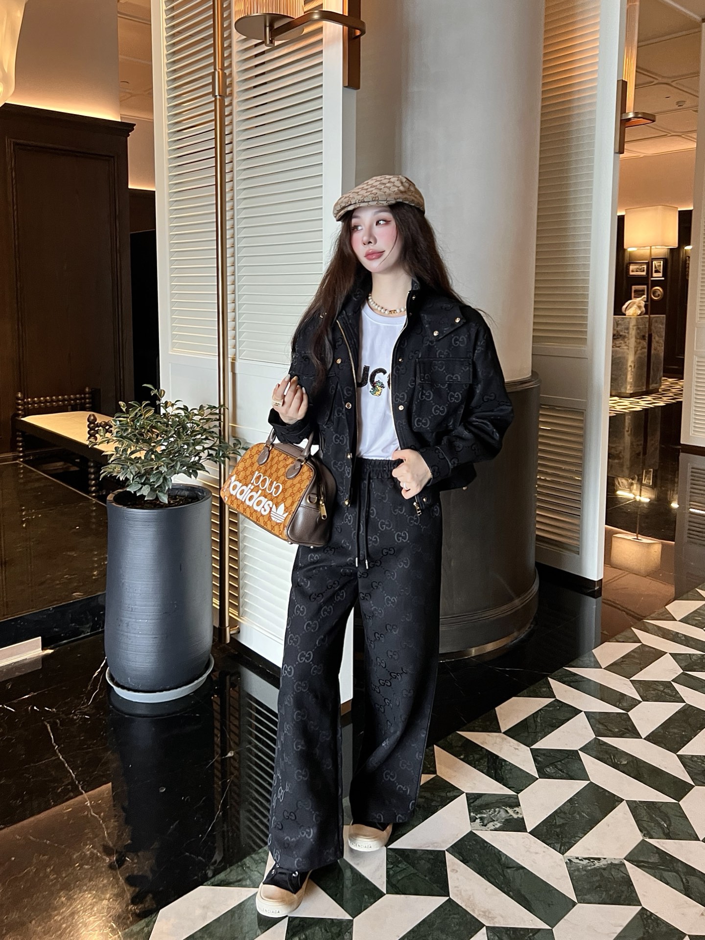 Hooded work jacket + jacquard trousers set