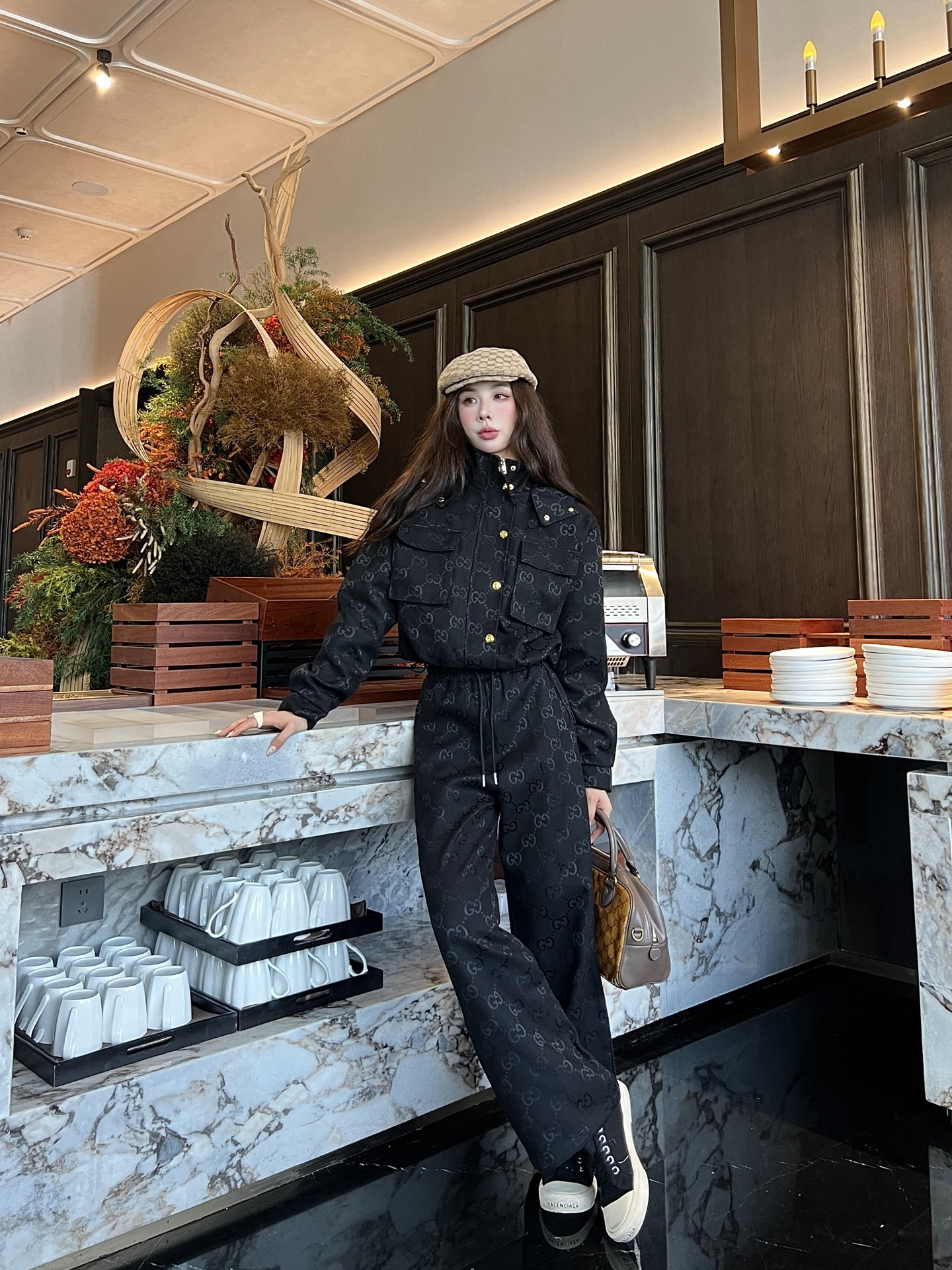 Hooded work jacket + jacquard trousers set