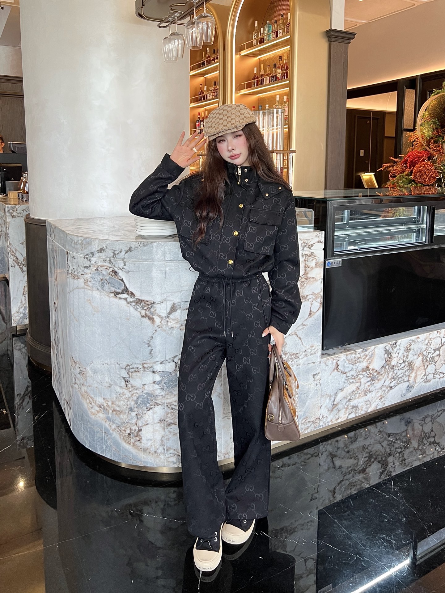 Hooded work jacket + jacquard trousers set