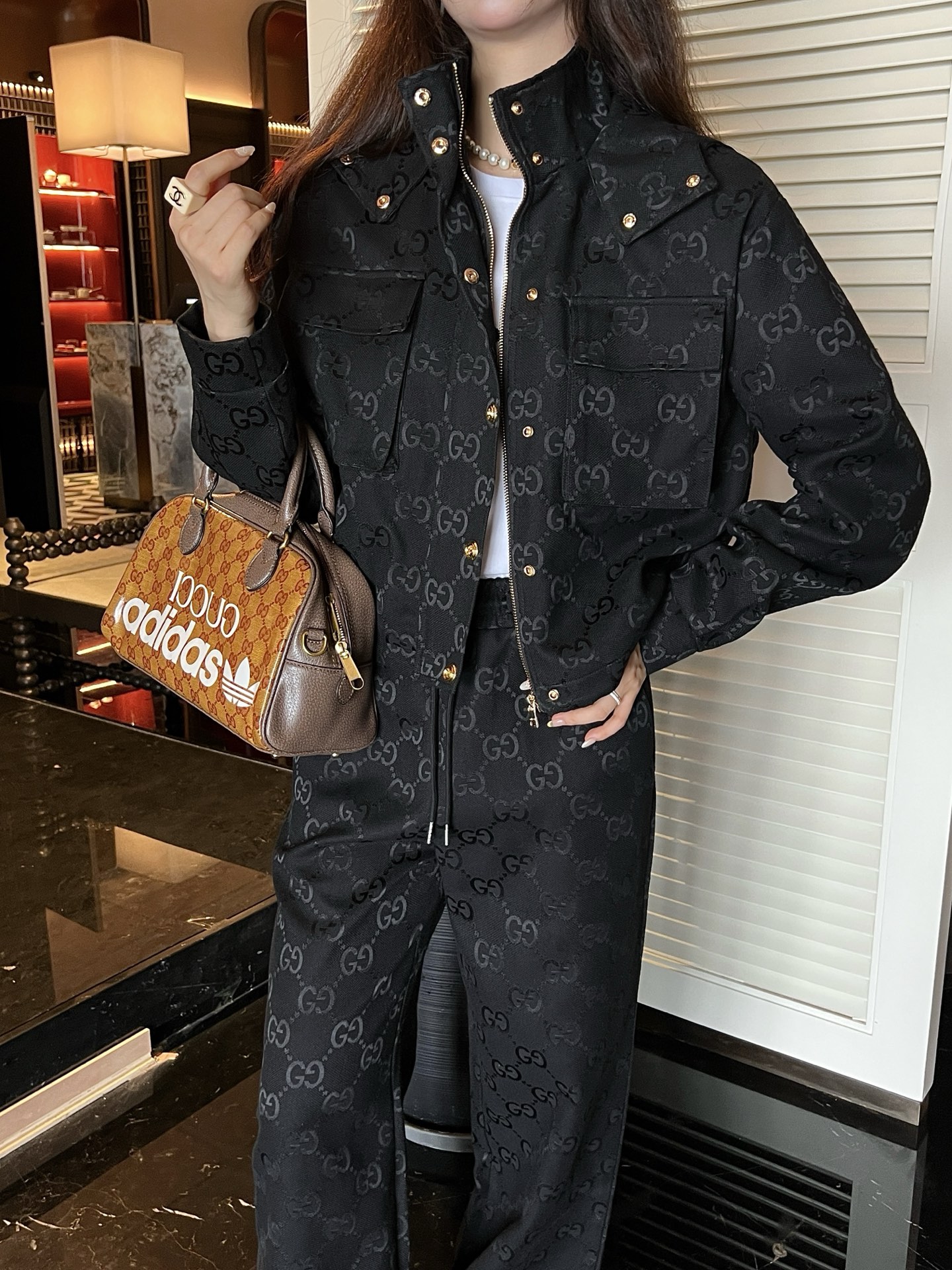 Hooded work jacket + jacquard trousers set