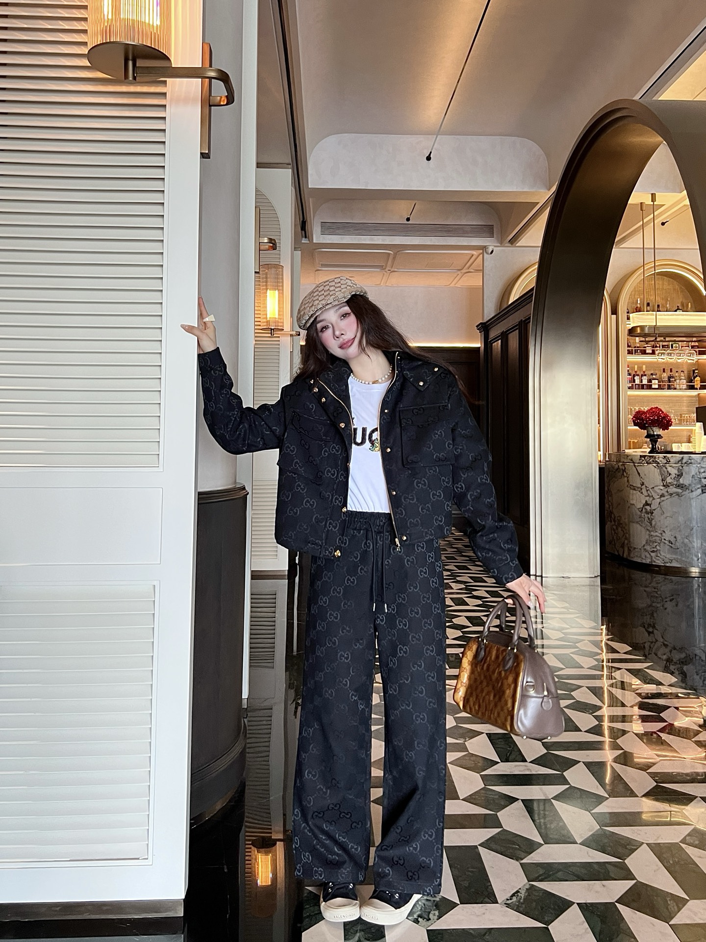 Hooded work jacket + jacquard trousers set