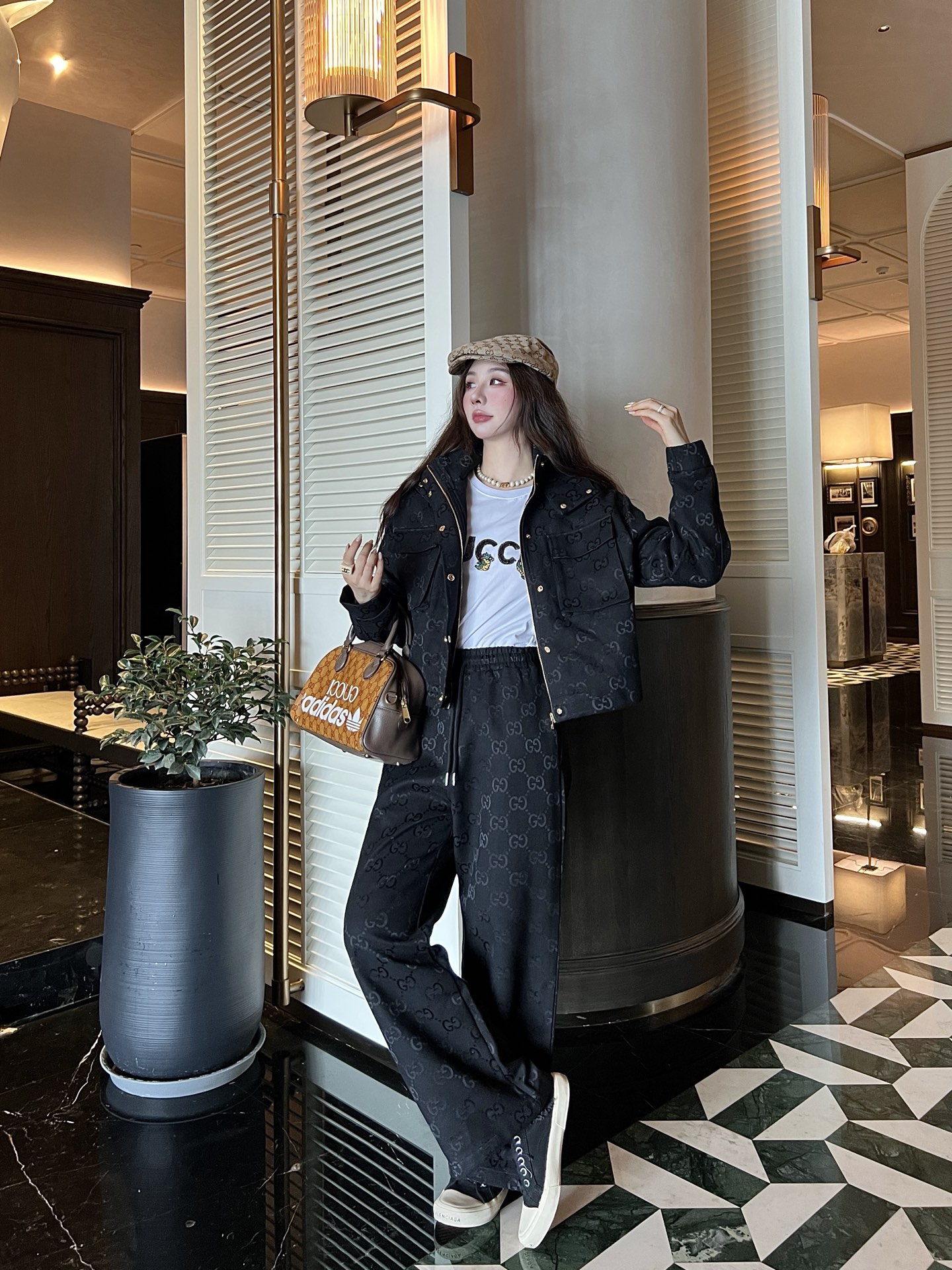 Hooded work jacket + jacquard trousers set