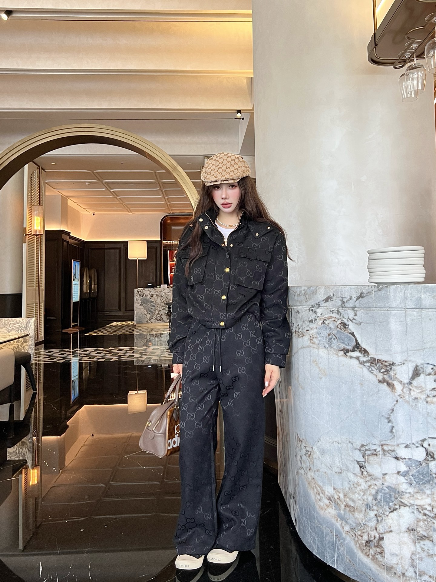 Hooded work jacket + jacquard trousers set
