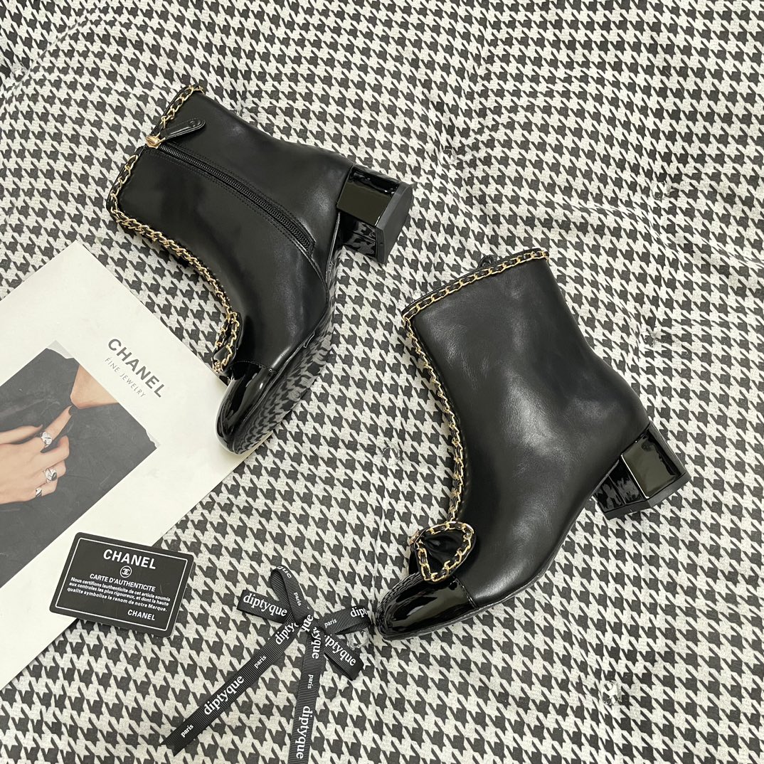 Chain bowknot chunky heel short boots Martin boots