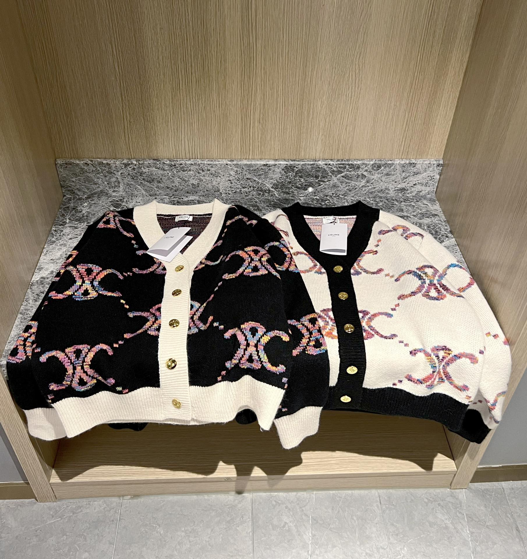 Contrast jacquard-knit cardigan sweater