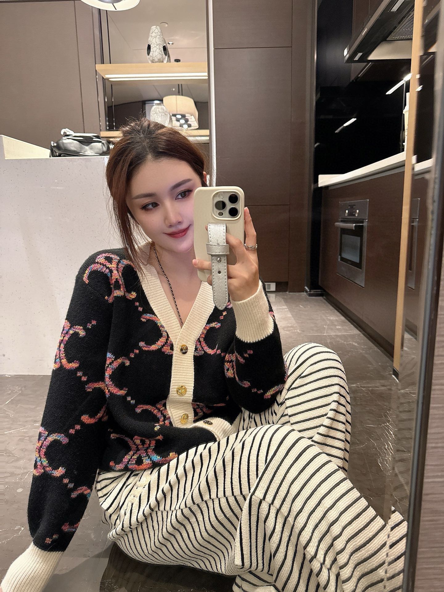 Contrast jacquard-knit cardigan sweater