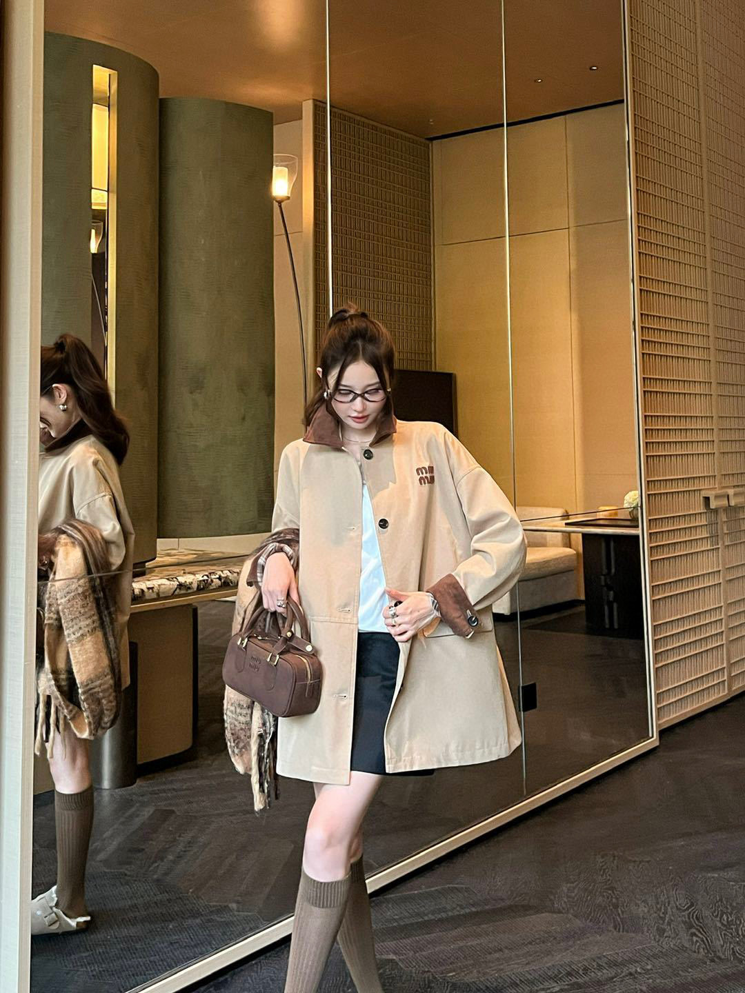 Vintage corduroy collar patchwork trench coat