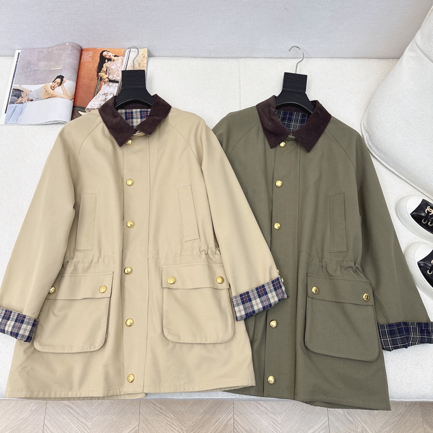 Colorblock collar workwear mid-length trench coat with contrasting colors