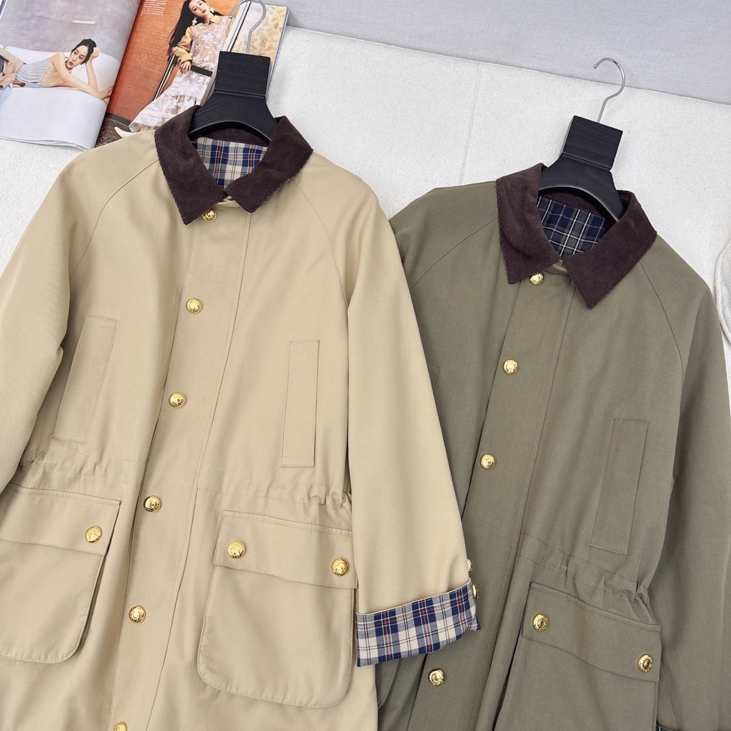Colorblock collar workwear mid-length trench coat with contrasting colors