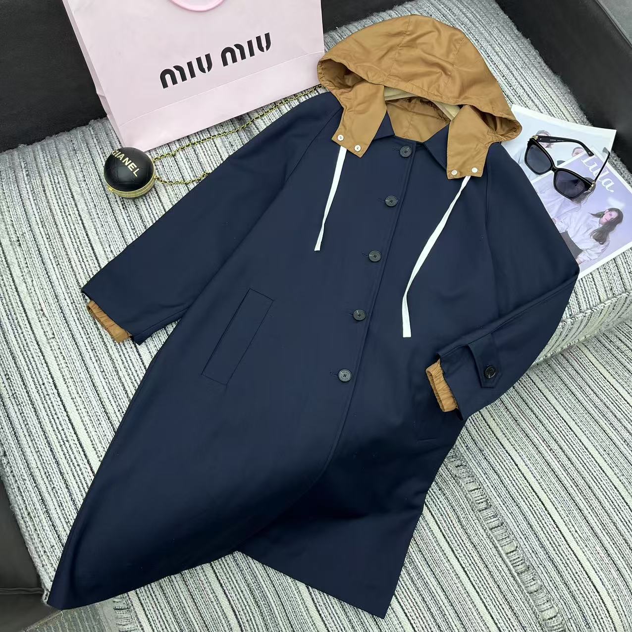 Reversible long hooded trench coat