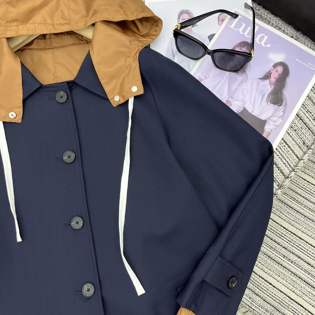Reversible long hooded trench coat