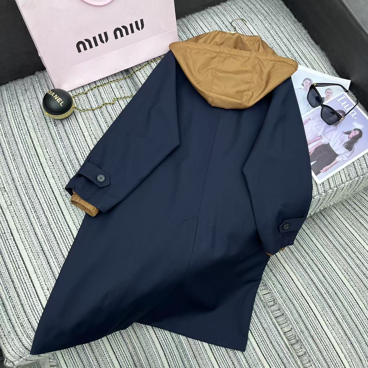 Reversible long hooded trench coat