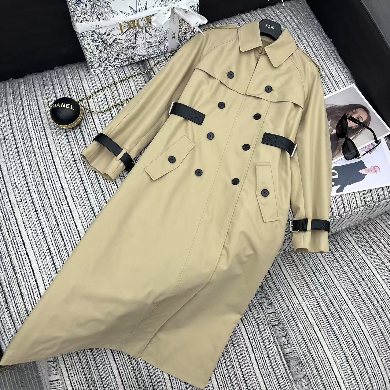 Double-breasted long waist trench coat