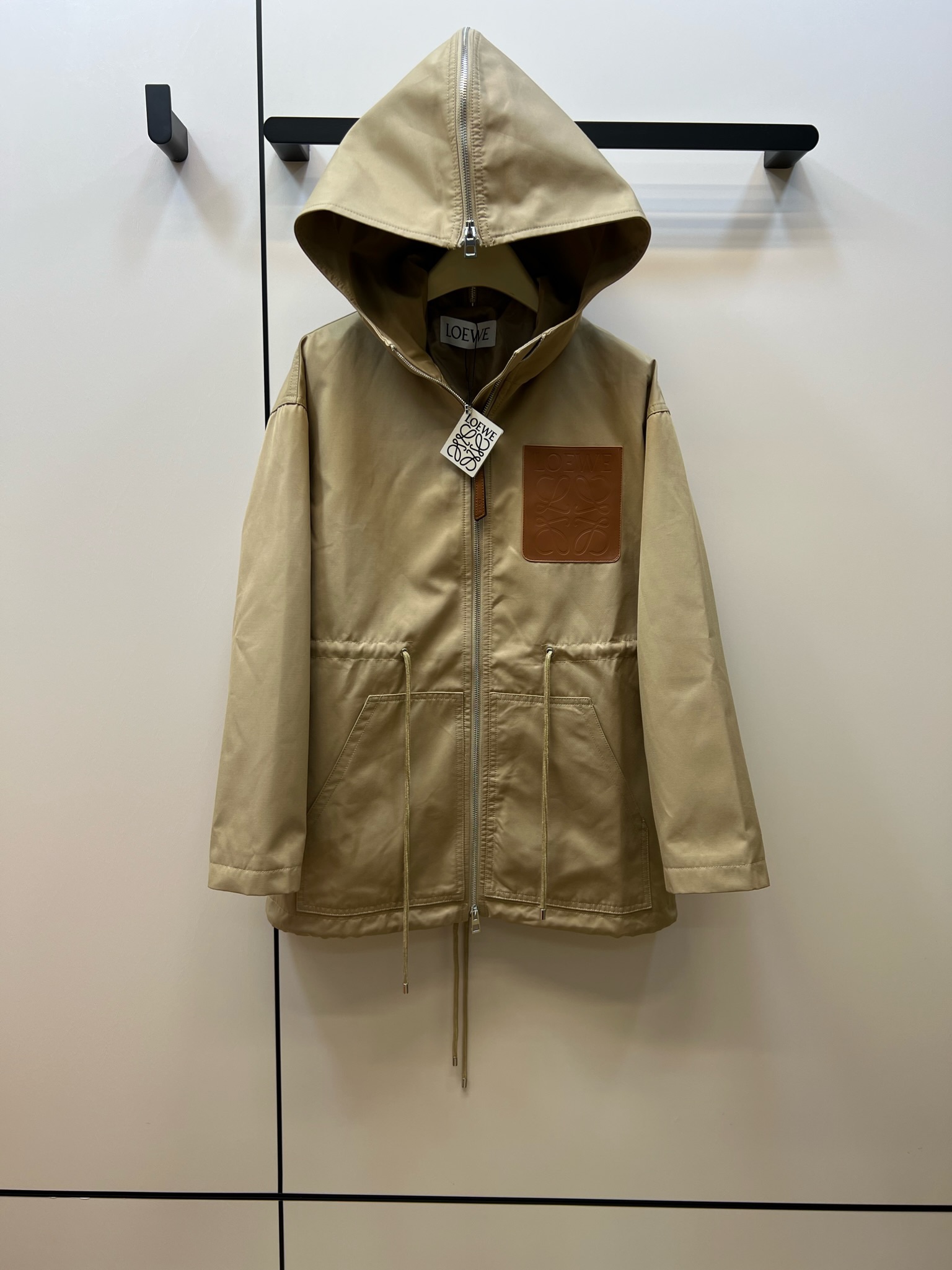 Hooded drawstring waist trench coat