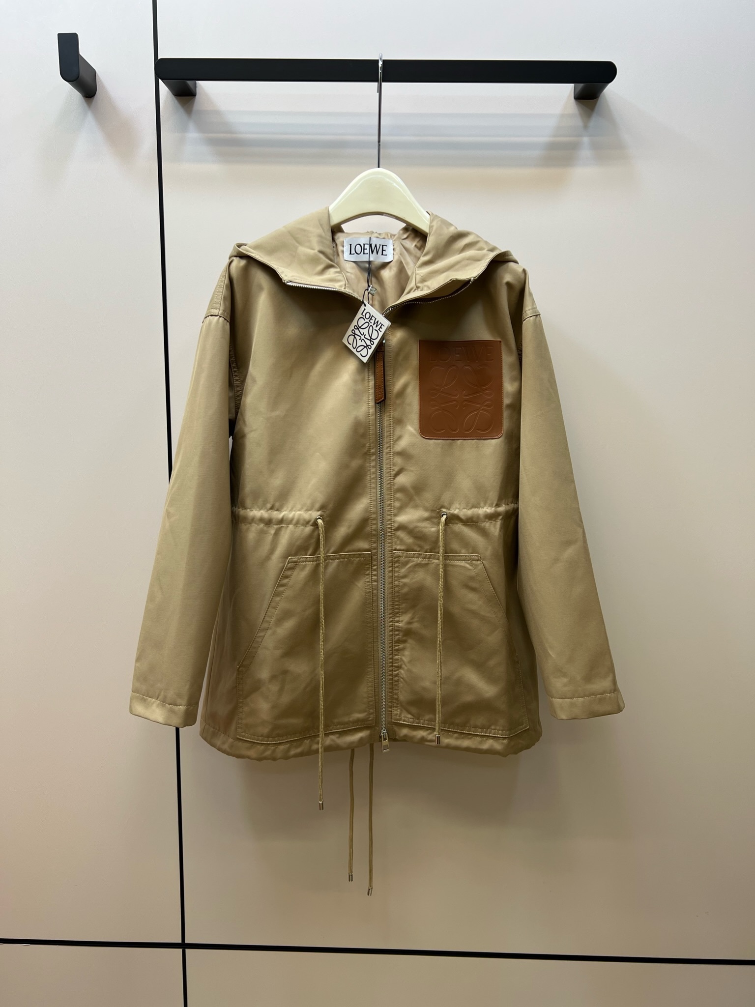 Hooded drawstring waist trench coat