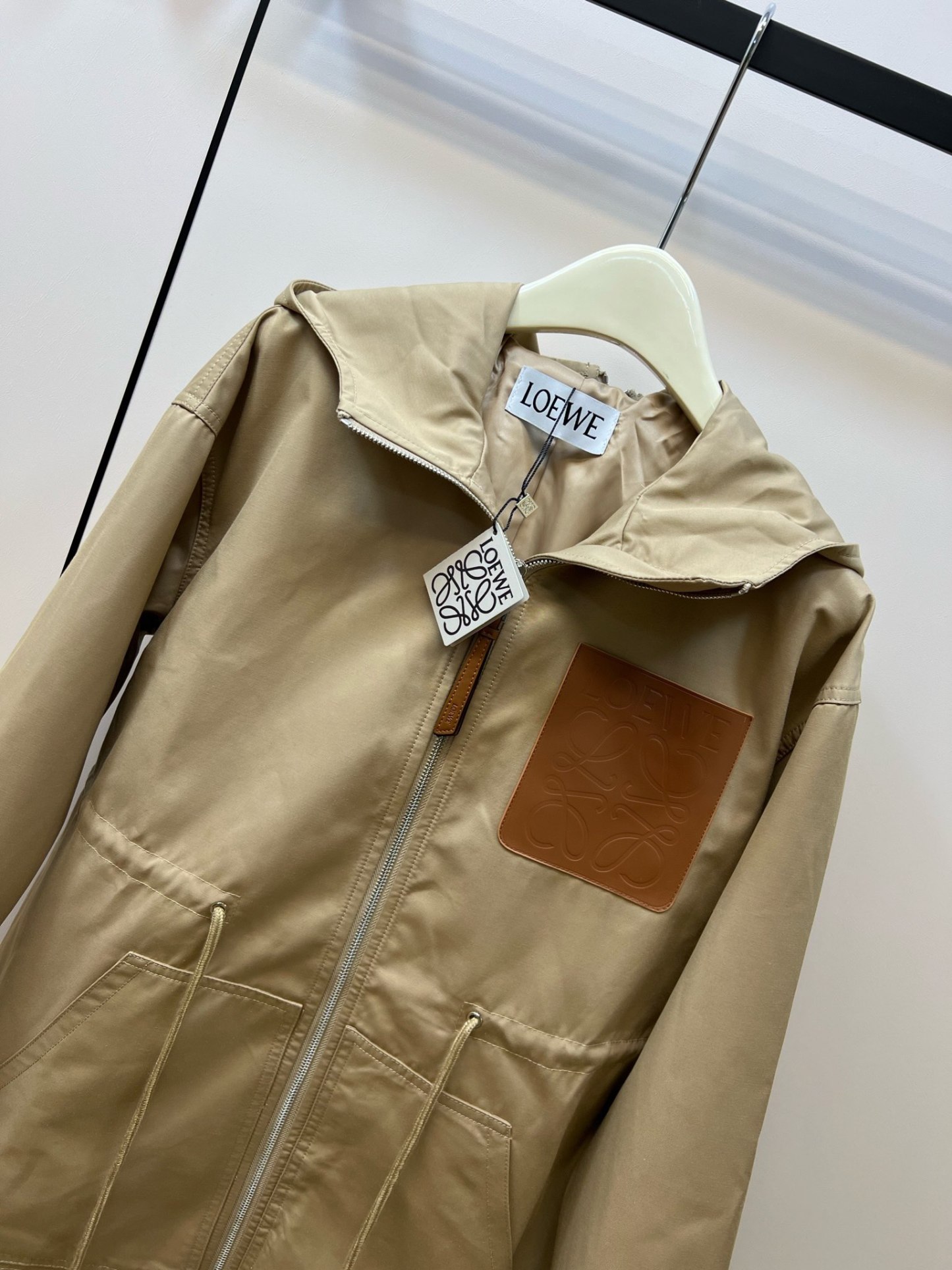 Hooded drawstring waist trench coat