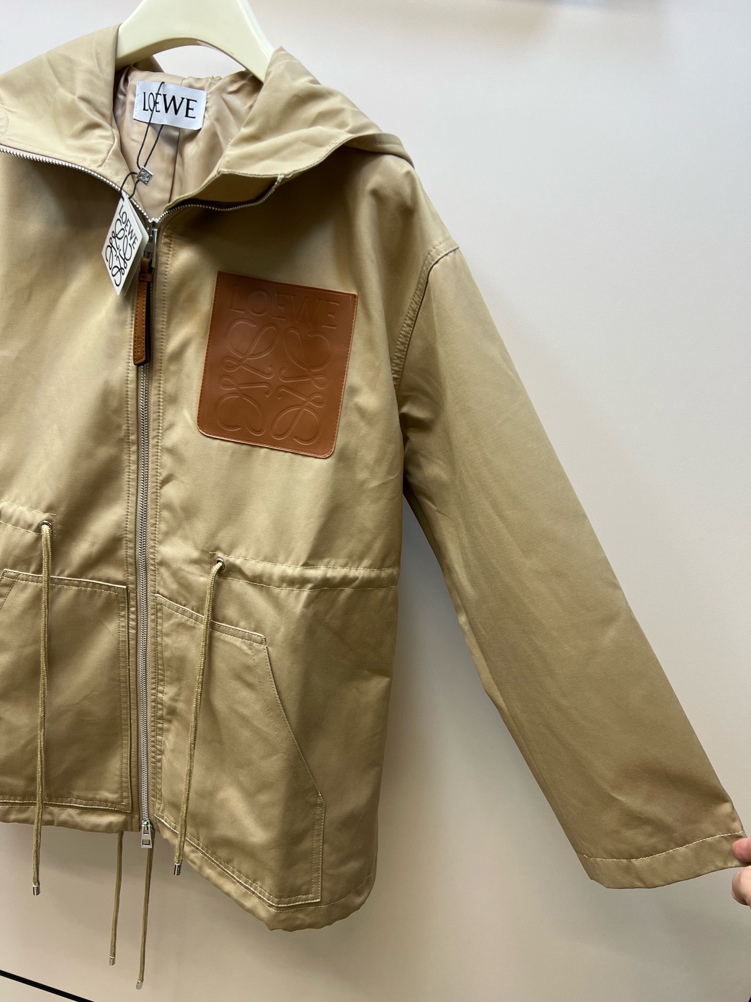 Hooded drawstring waist trench coat