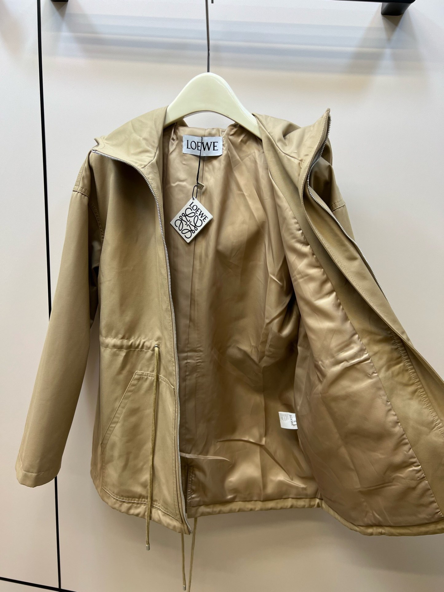 Hooded drawstring waist trench coat