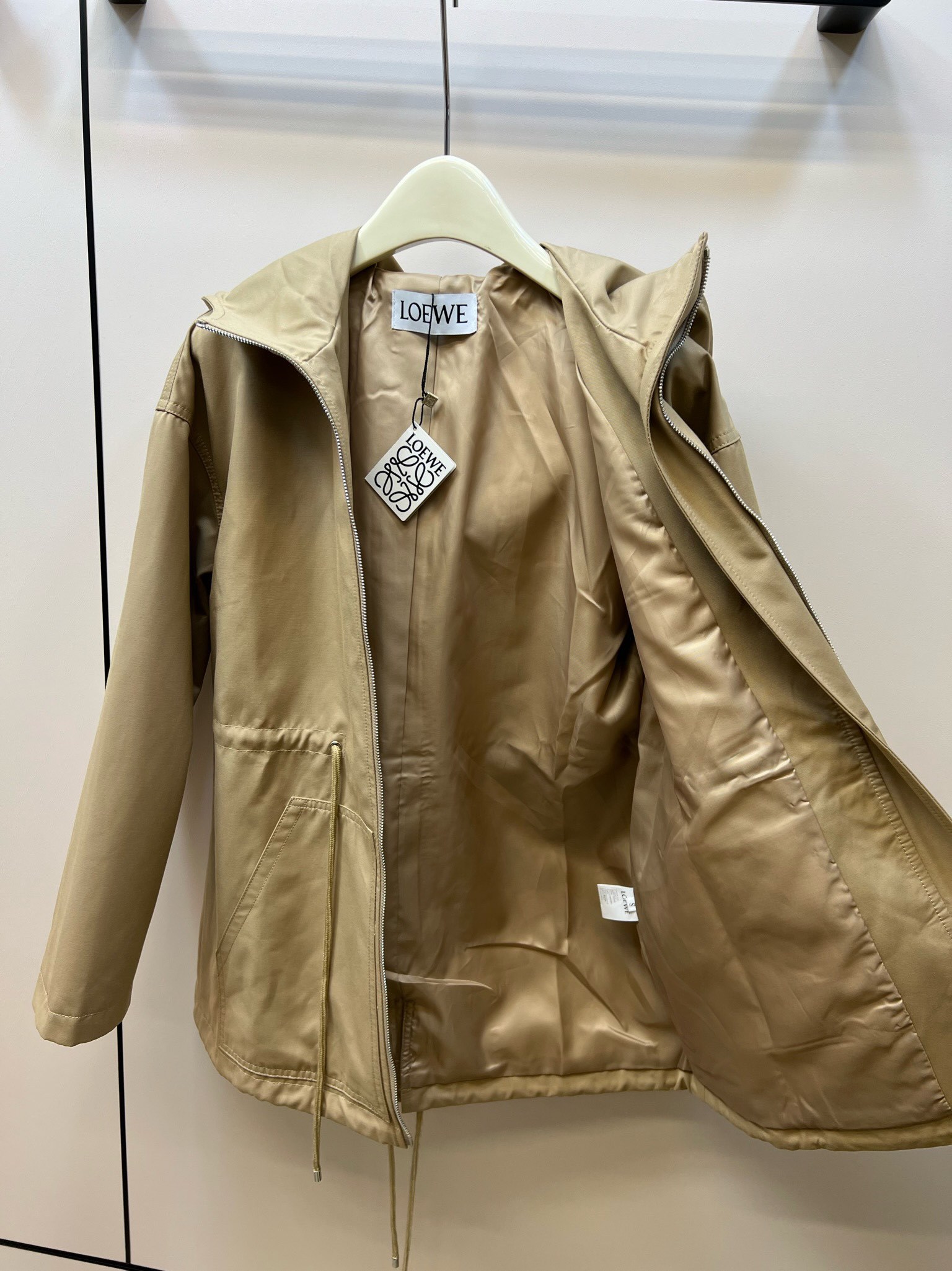 Hooded drawstring waist trench coat