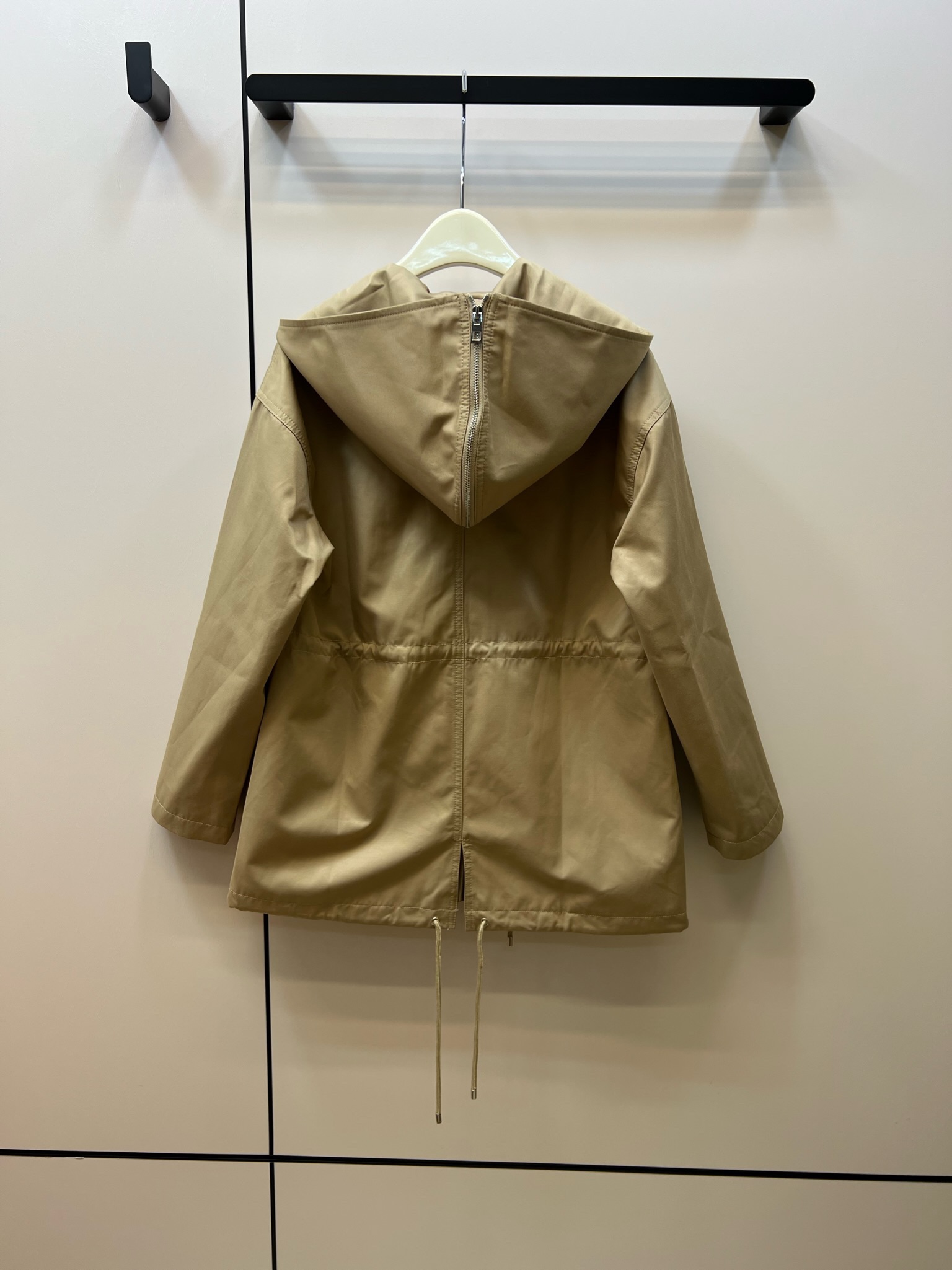 Hooded drawstring waist trench coat