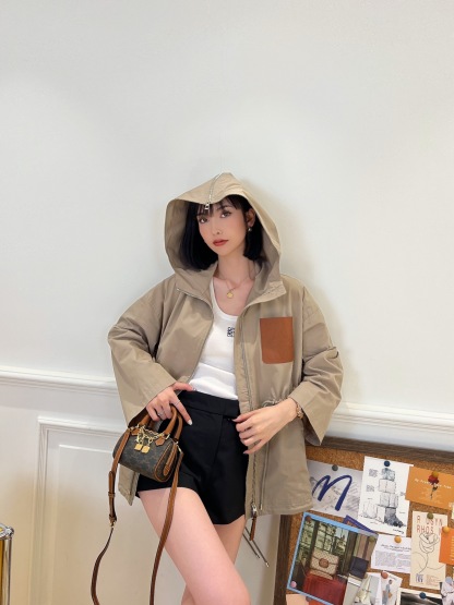 Hooded drawstring waist trench coat