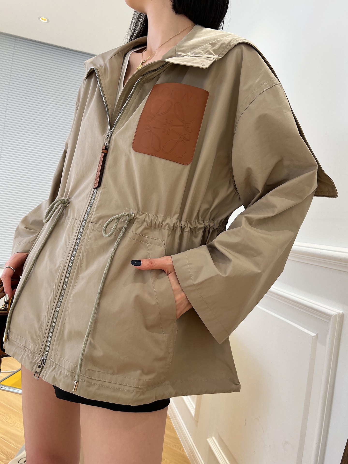 Hooded drawstring waist trench coat