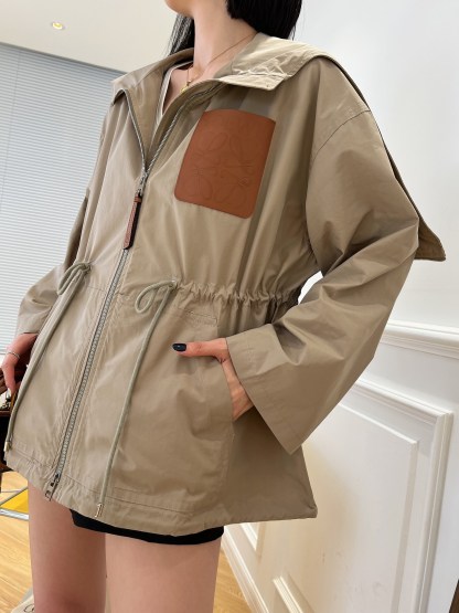Hooded drawstring waist trench coat