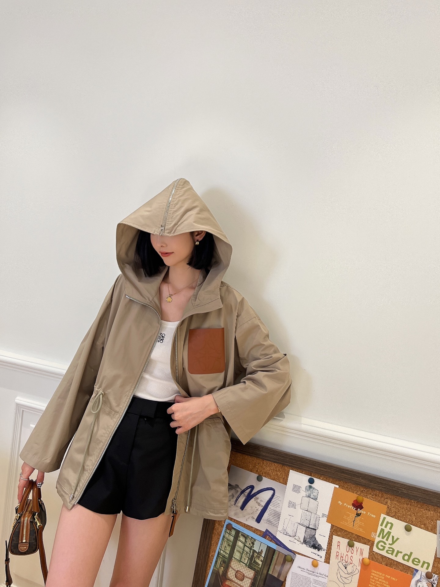 Hooded drawstring waist trench coat