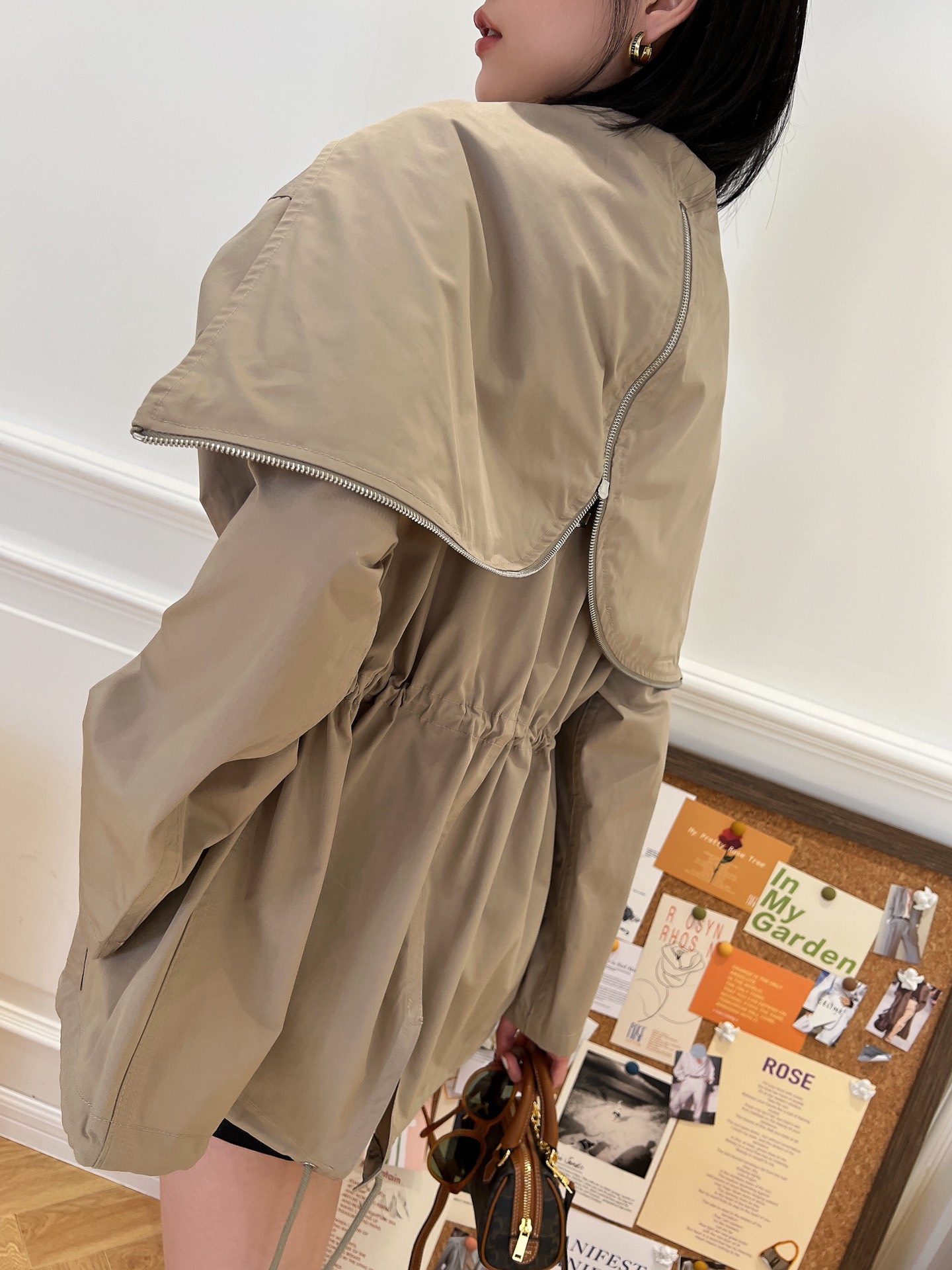 Hooded drawstring waist trench coat