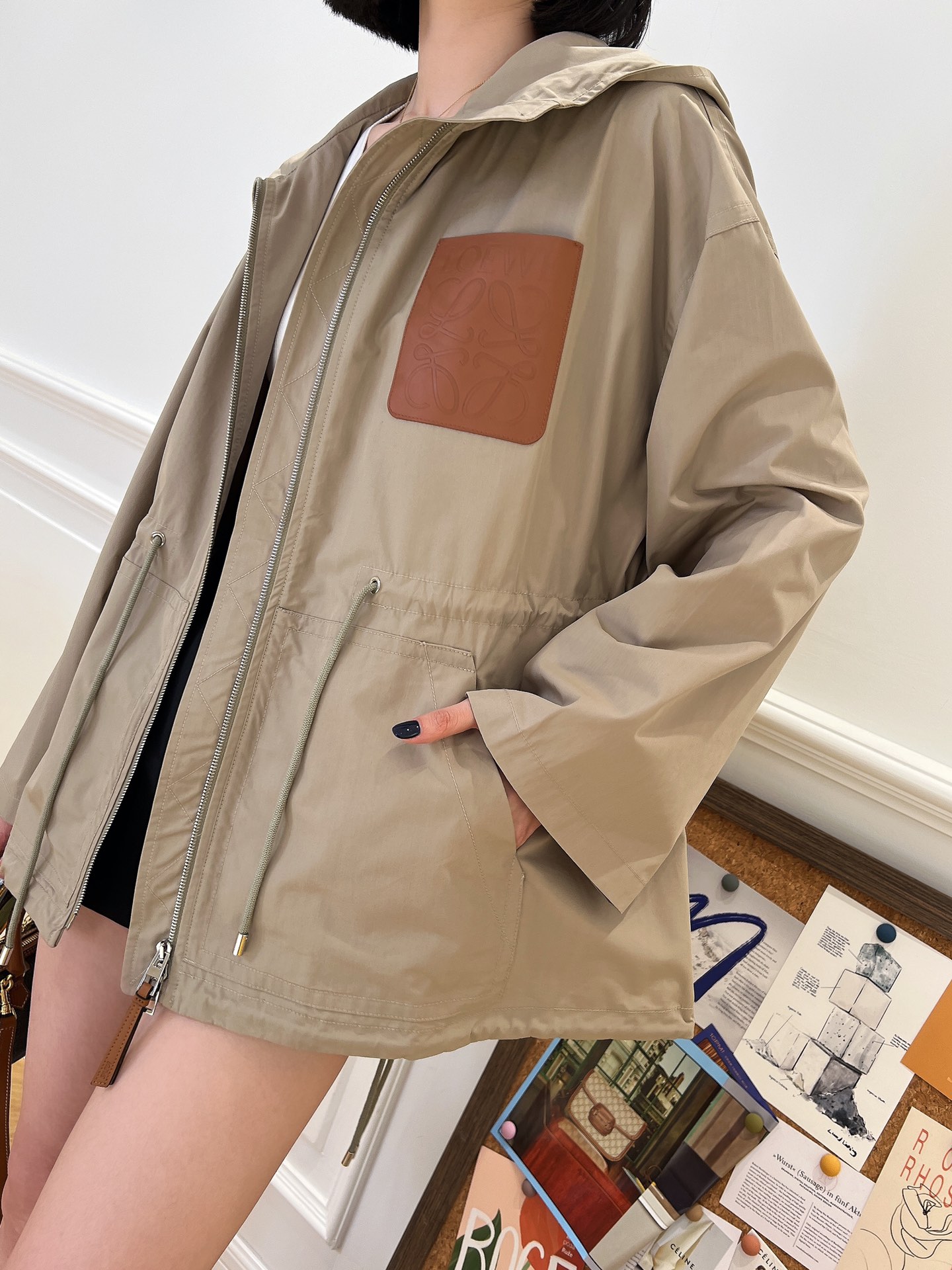 Hooded drawstring waist trench coat