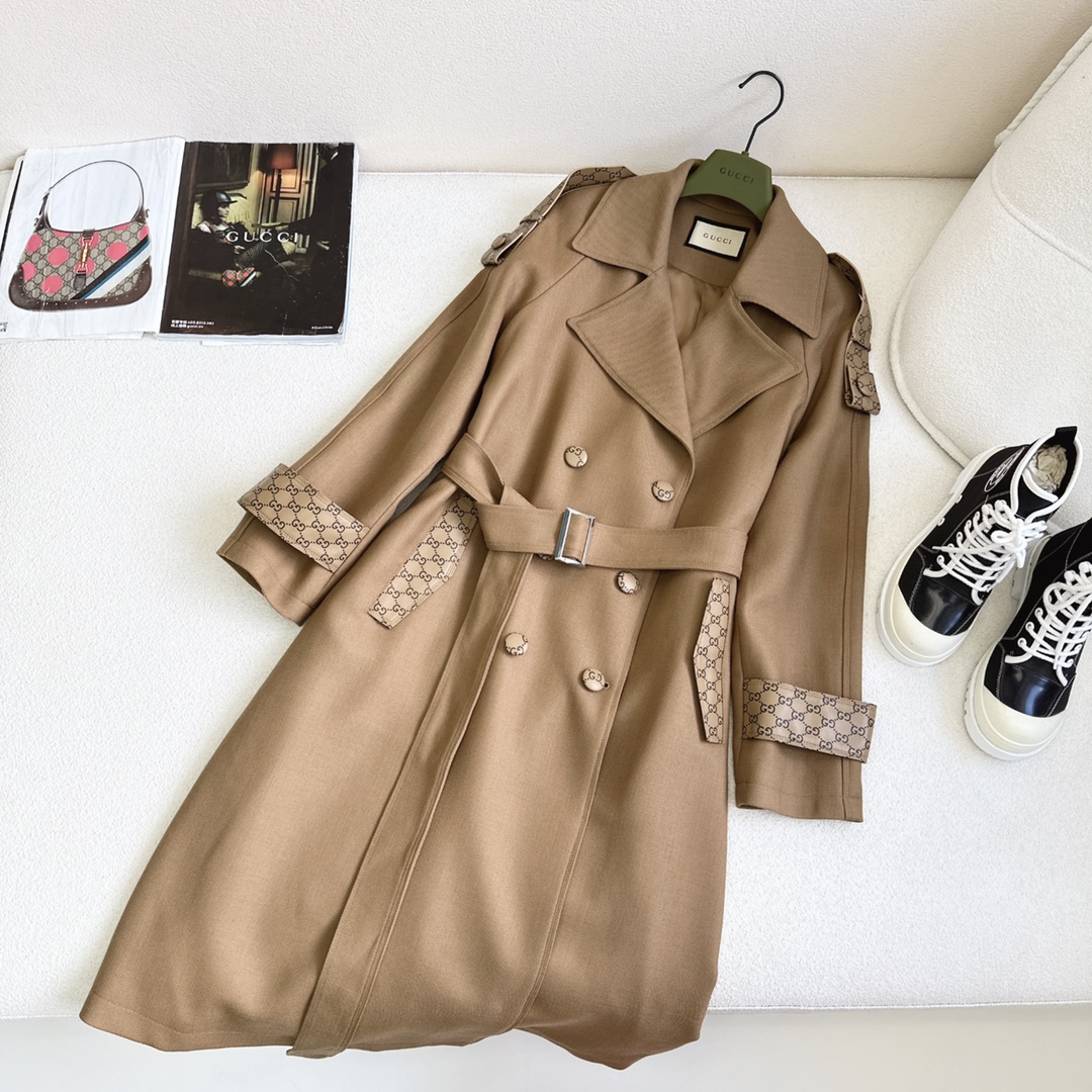 Leather-trimmed mid-length trench coat
